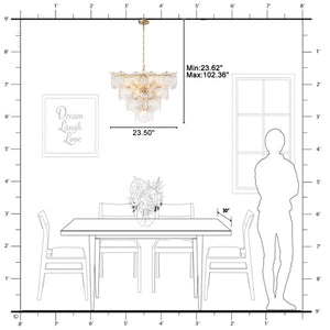Lustre de salon moderne doré de 61 cm à 13 lumières avec abat-jour en verre transparent texturé en forme de pétales