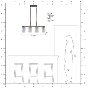 Lustre linéaire noir mat de 30,5 po à 4 lumières de style ferme moderne avec îlot suspendu à accent en faux bois et abat-jour en verre