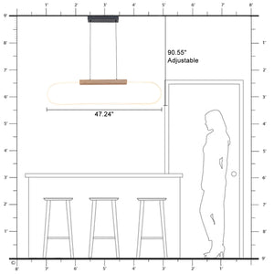 47.24 po. Suspension linéaire DEL intégrée moderne noire à 1 lumière avec accent en bois pour îlot de cuisine