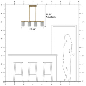28.94 Zoll, 4-flammiger, moderner Kupfer-Metall-Linear-Kronleuchter Insel-Pendelleuchte mit zylindrischen Glasschirmen für das Esszimmer