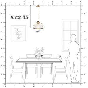 Suspension dôme en laiton pour îlot de cuisine ou salle à manger, 1 lumière, au design industriel avec abat-jour en verre transparent