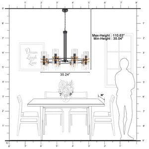 Lustre suspendu 16 lumières de luxe moderne en fer noir et or de 89,5 cm avec abat-jour en verre pour salon, salle à manger