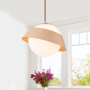 Suspension globe à 1 lumière en bois avec abat-jour en verre blanc de 27 cm pour îlot de cuisine et chambre à coucher