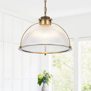 Suspension dôme en laiton pour îlot de cuisine ou salle à manger, 1 lumière, au design industriel avec abat-jour en verre transparent