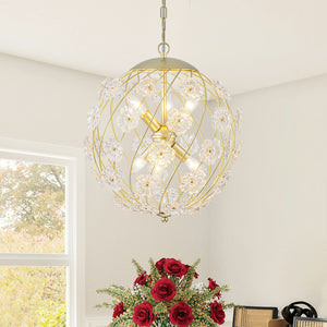 Lustre cage globe moderne en métal doré à 6 lumières avec abat-jour en verre en forme de fleur pour salon, salle à manger, chambre à coucher