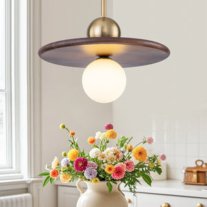 Suspension moderne 1 lumière or et bois, 25 W, avec abat-jour sphérique en verre blanc, pour chambre à coucher