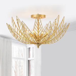 26 Zoll 4-flammige moderne luxuriöse goldfarbene halbeinbaubare Deckenleuchte mit Metallblätterschirm
