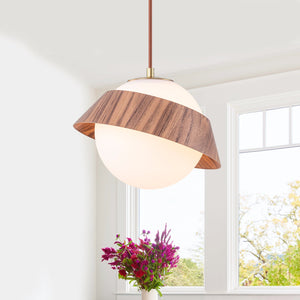 Suspension globe à 1 lumière en bois avec abat-jour en verre blanc de 27 cm pour îlot de cuisine et chambre à coucher