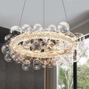 1-Leuchtgoldene moderne runde Kugel-Kristall-LED-Pendelleuchte, dimmbar, mit Glasblasen