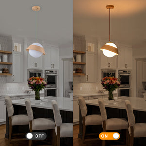 Suspension globe à 1 lumière en bois avec abat-jour en verre blanc de 27 cm pour îlot de cuisine et chambre à coucher