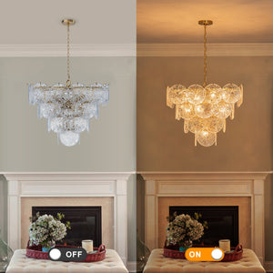 Lustre de salon moderne doré de 61 cm à 13 lumières avec abat-jour en verre transparent texturé en forme de pétales