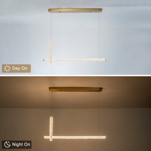 Lustre suspension LED intégré dimmable 2 lumières, moderne, luxe, avec anneau et barre dorés et cristaux pour salle à manger