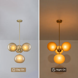 Lustre grappe Mid-Century Modern or à 4 ou 7 lumières avec abat-jour globes en verre couleur café