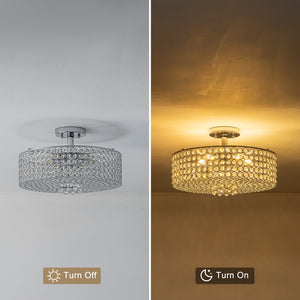 5-flammige moderne runde Deckenleuchte (chrom) halbbündig montiert mit perlengeschmücktem Trommelkristallschirm für das Wohnzimmer