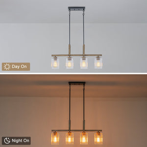 Lustre linéaire noir mat de 30,5 po à 4 lumières de style ferme moderne avec îlot suspendu à accent en faux bois et abat-jour en verre