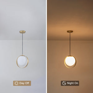Suspension LED moderne Mid-Century en laiton avec anneau, 1 lumière, 8 W, globe en verre blanc, 25 cm (9,84 po)