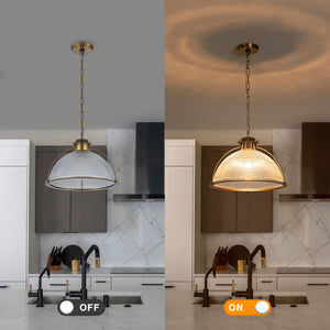 Suspension dôme en laiton pour îlot de cuisine ou salle à manger, 1 lumière, au design industriel avec abat-jour en verre transparent
