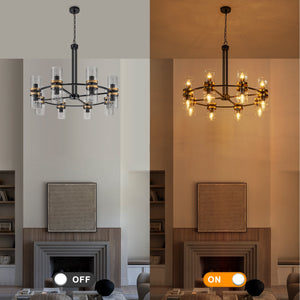 Lustre suspendu 16 lumières de luxe moderne en fer noir et or de 89,5 cm avec abat-jour en verre pour salon, salle à manger
