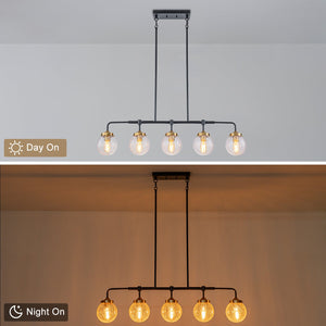 38 Zoll 5-flammige moderne, mattschwarze, lineare Hängeleuchte mit klaren Kugel-Spritzglas-Schirmen, Insel-Kronleuchter