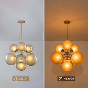Lustre grappe Mid-Century Modern or à 4 ou 7 lumières avec abat-jour globes en verre couleur café