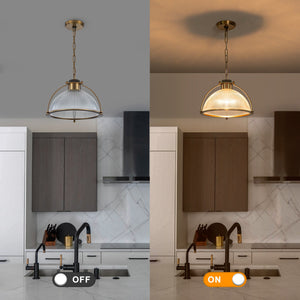 Suspension dôme en laiton pour îlot de cuisine ou salle à manger, 1 lumière, au design industriel avec abat-jour en verre transparent