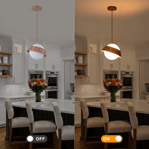 Suspension globe à 1 lumière en bois avec abat-jour en verre blanc de 27 cm pour îlot de cuisine et chambre à coucher