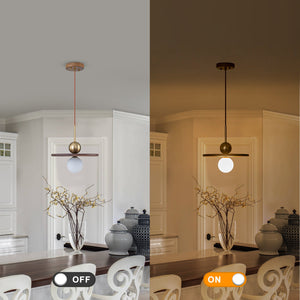 Suspension moderne 1 lumière or et bois, 25 W, avec abat-jour sphérique en verre blanc, pour chambre à coucher