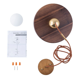 Suspension moderne 1 lumière or et bois, 25 W, avec abat-jour sphérique en verre blanc, pour chambre à coucher