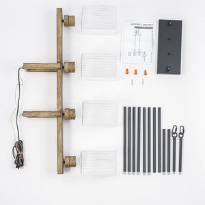 Lustre linéaire noir mat de 30,5 po à 4 lumières de style ferme moderne avec îlot suspendu à accent en faux bois et abat-jour en verre