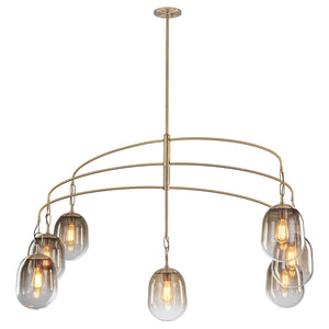 Lustre/Suspension 5/7 lumières à 2/3 niveaux en métal or antique avec abat-jour en verre ovale pour salon, îlot de cuisine