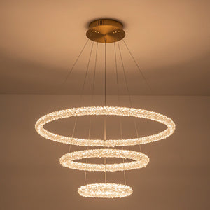 3-flammiger moderner Ring-Kronleuchter in Gold, dimmbar, integrierte LED, mehrstufige Pendelleuchte mit Kristall für das Esszimmer