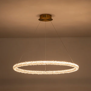 1-flammige moderne goldene Metallring-Kristall-LED-Pendelleuchte, dimmbarer Kronleuchter für Esszimmer