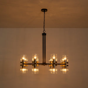 Lustre suspendu 16 lumières de luxe moderne en fer noir et or de 89,5 cm avec abat-jour en verre pour salon, salle à manger