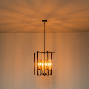 Lustre géométrique industriel noir en fer à 6 ampoules de 45 cm (17,72 po) avec abat-jour en verre transparent pour îlot de cuisine, foyers, couloir