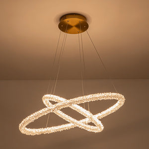 2-flammiger moderner Kronleuchter in Gold mit doppelten Ringen, dimmbar, integrierte LED, mehrstufige Pendelleuchte mit Kristall für Esszimmer