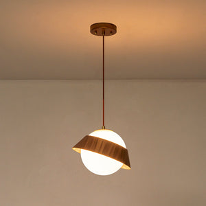 Suspension globe à 1 lumière en bois avec abat-jour en verre blanc de 27 cm pour îlot de cuisine et chambre à coucher