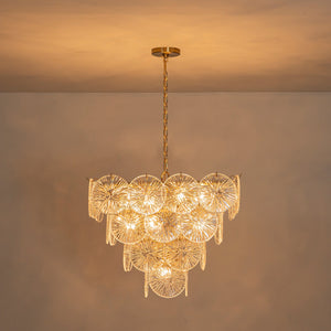 Lustre de salon moderne doré de 61 cm à 13 lumières avec abat-jour en verre transparent texturé en forme de pétales