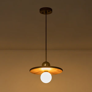 Suspension moderne 1 lumière or et bois, 25 W, avec abat-jour sphérique en verre blanc, pour chambre à coucher