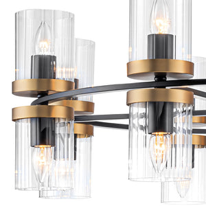 Lustre suspendu 16 lumières de luxe moderne en fer noir et or de 89,5 cm avec abat-jour en verre pour salon, salle à manger