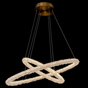 2-flammiger moderner Kronleuchter in Gold mit doppelten Ringen, dimmbar, integrierte LED, mehrstufige Pendelleuchte mit Kristall für Esszimmer