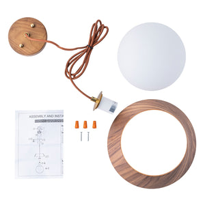 Suspension globe à 1 lumière en bois avec abat-jour en verre blanc de 27 cm pour îlot de cuisine et chambre à coucher