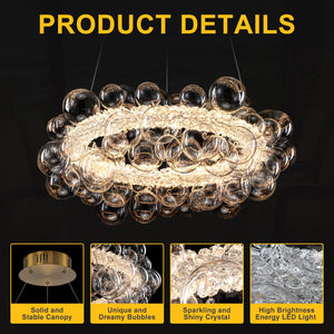 1-Leuchtgoldene moderne runde Kugel-Kristall-LED-Pendelleuchte, dimmbar, mit Glasblasen