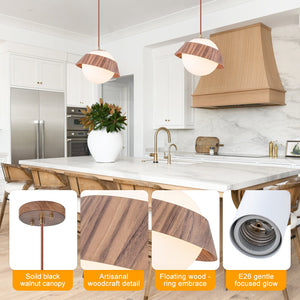 Suspension globe à 1 lumière en bois avec abat-jour en verre blanc de 27 cm pour îlot de cuisine et chambre à coucher