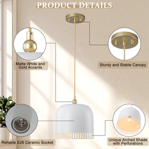 1-flammige Pendelleuchte aus goldfarbenem Eisen in halbkuppelförmigem Design mit mattweißem Metallschirm und Aushöhlungen für das Wohnzimmer