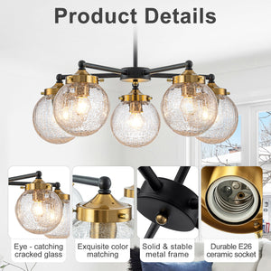 Lustre moderne en forme de branche noire à 5 lumières de 22,44 po avec abat-jour en verre craquelé transparent pour îlot de cuisine, salon
