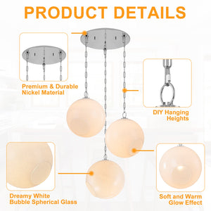 Suspension Globe Moderne Chromé avec Abat-jour en Verre Bulle Blanc pour Îlot de Cuisine, Salle à Manger