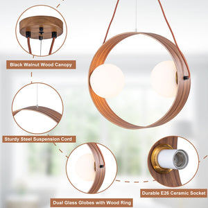 Suspension ovale moderne 2 lumières 20 po en noyer avec globes en verre blanc pour salle à manger, îlot de cuisine