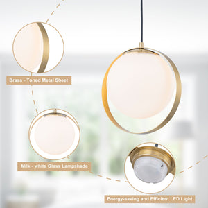 Suspension LED moderne Mid-Century en laiton avec anneau, 1 lumière, 8 W, globe en verre blanc, 25 cm (9,84 po)