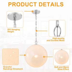 Suspension Globe Moderne Chromé avec Abat-jour en Verre Bulle Blanc pour Îlot de Cuisine, Salle à Manger