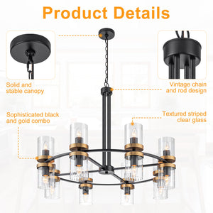 Lustre suspendu 16 lumières de luxe moderne en fer noir et or de 89,5 cm avec abat-jour en verre pour salon, salle à manger